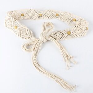 NWT Macrame Boho Woven Rattan Straw Rope Braid Waist Belt Ivory